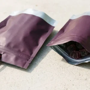 Custom Mylar Delta 9 Gummies, closed and open view in deep plum, bulk and wholesale with no minimum order