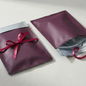 Custom Mylar Envelopes, closed and open view in deep plum, bulk and wholesale with no minimum order