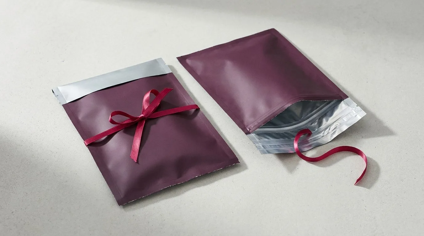 Custom Mylar Envelopes, closed and open view in deep plum, bulk and wholesale with no minimum order