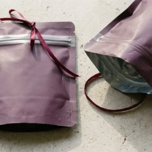 Custom Mylar Food Bags, closed and open view in deep plum, bulk and wholesale with no minimum order