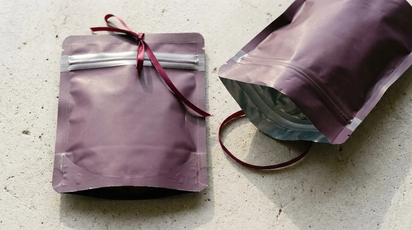 Custom Mylar Food Bags, closed and open view in deep plum, bulk and wholesale with no minimum order
