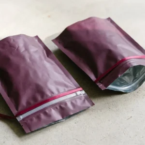 Custom Mylar Food Storage Bags, closed and open view in deep plum, bulk and wholesale with no minimum order