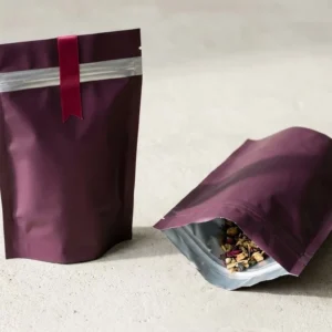 Custom Mylar Pouches bags, closed and open view in deep plum, bulk and wholesale with no minimum order