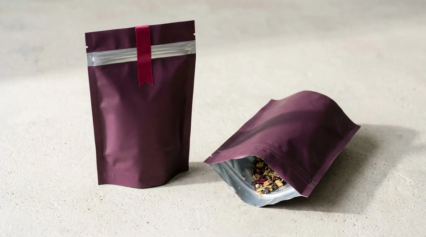Custom Mylar Pouches bags, closed and open view in deep plum, bulk and wholesale with no minimum order