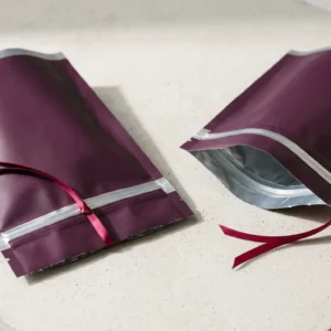 Custom Mylar Vacuum Seal Bags, closed and open view in deep plum, bulk and wholesale with no minimum order