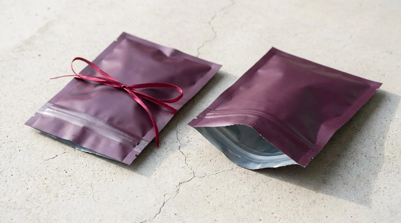 Custom Mylar Ziplock Bags, closed and open view in deep plum, bulk and wholesale with no minimum order
