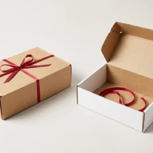 Custom Mystery Boxes, closed and open view in natural kraft and white, bulk and wholesale with no minimum order