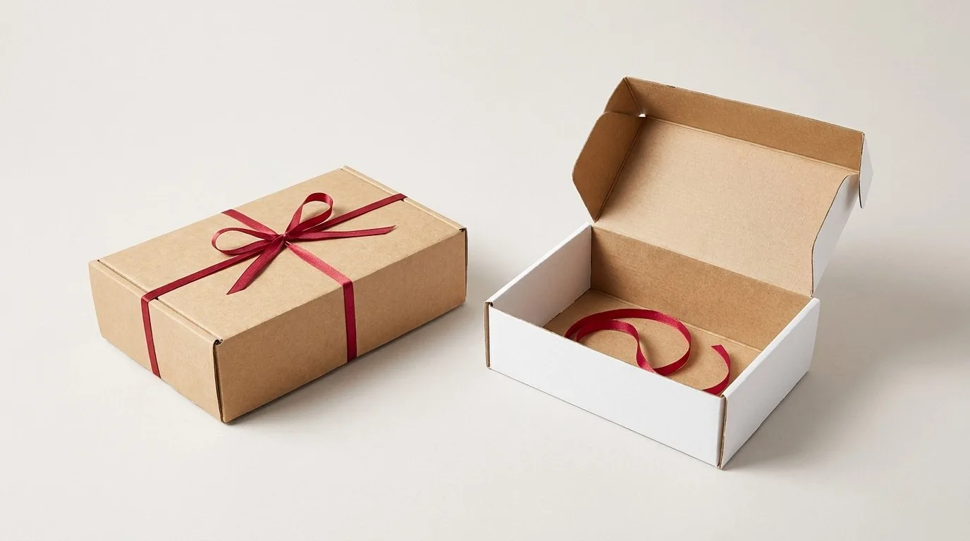 Custom Mystery Boxes, closed and open view in natural kraft and white, bulk and wholesale with no minimum order