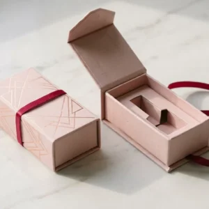 Custom Nail Polish Boxes, closed and open view in soft blush pink, bulk and wholesale with no minimum order