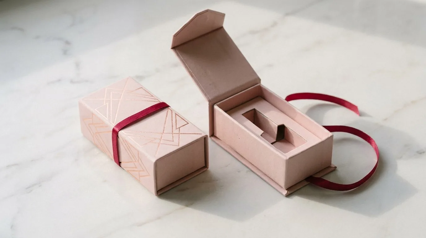 Custom Nail Polish Boxes, closed and open view in soft blush pink, bulk and wholesale with no minimum order