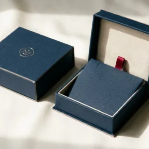 Custom Necklace Boxes, closed and open view in midnight navy, bulk and wholesale with no minimum order