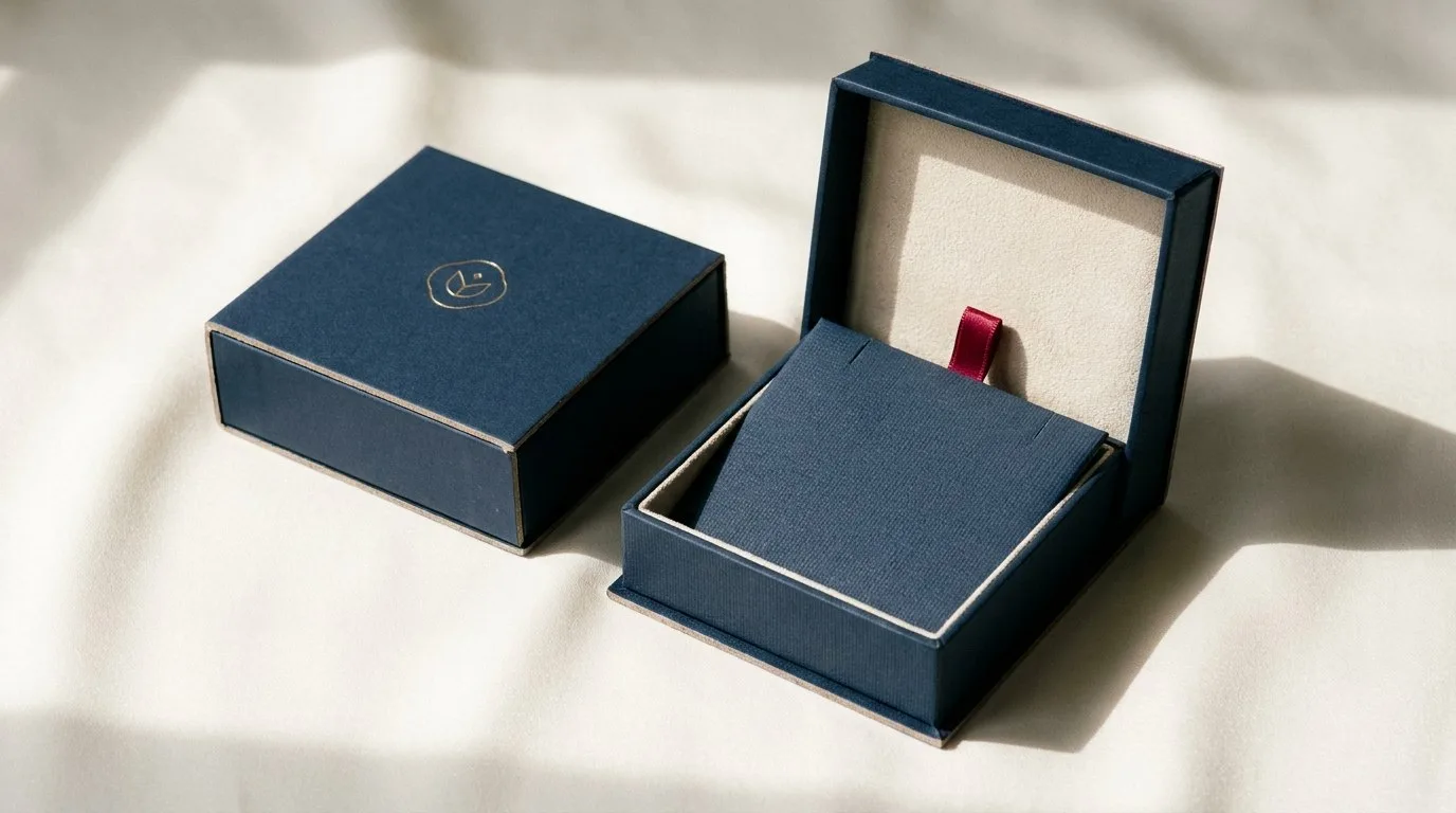 Custom Necklace Boxes, closed and open view in midnight navy, bulk and wholesale with no minimum order