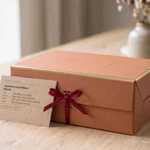 Custom one piece box in terracotta with visible side tuck flaps and a gold rim, next to a kraft spec card listing board, print and shipping options.