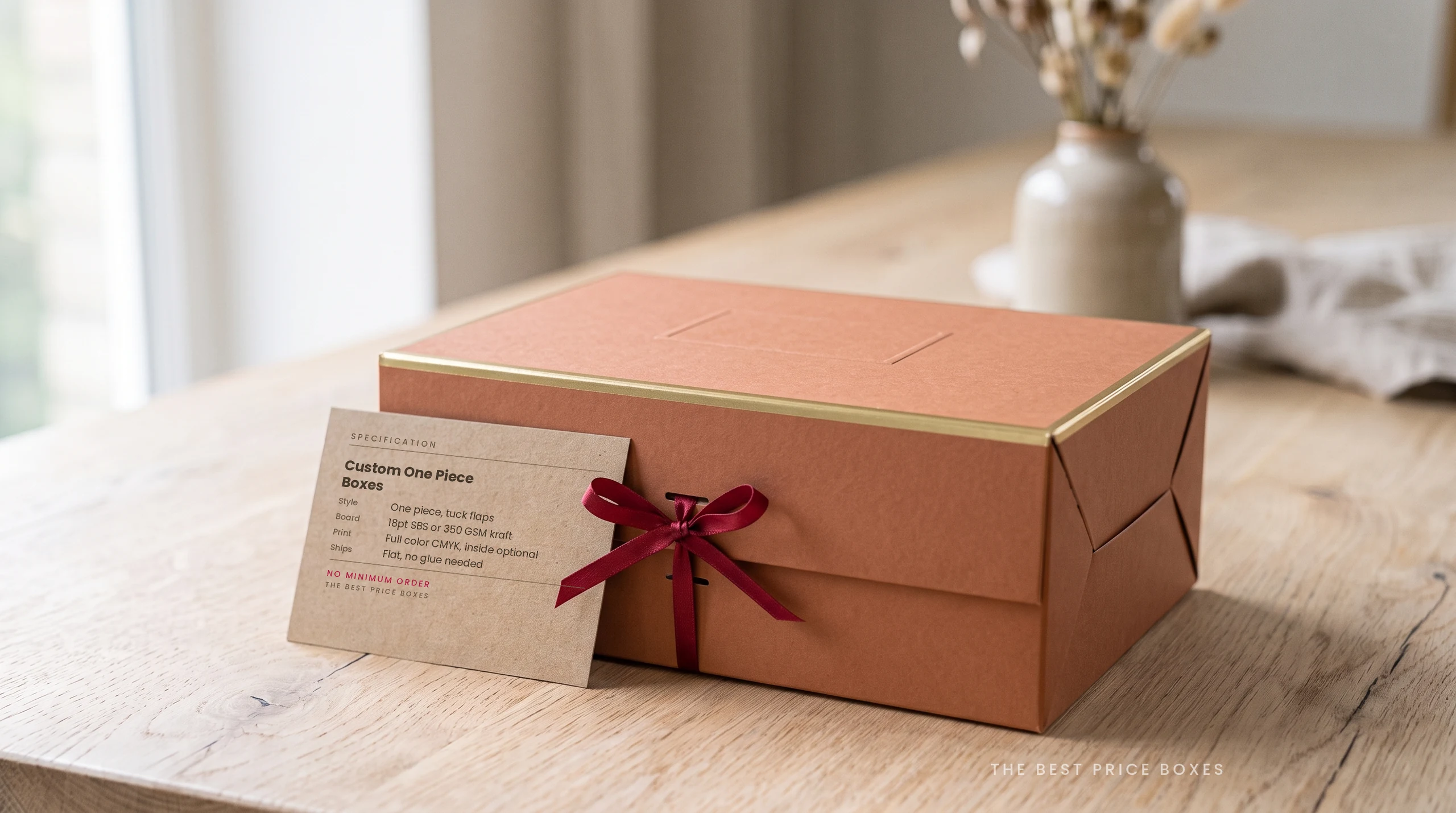 Custom one piece box in terracotta with visible side tuck flaps and a gold rim, next to a kraft spec card listing board, print and shipping options.