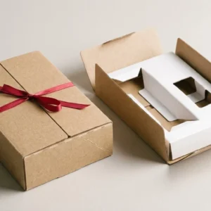 Custom Packaging Inserts, closed and open view in natural kraft and white, bulk and wholesale with no minimum order