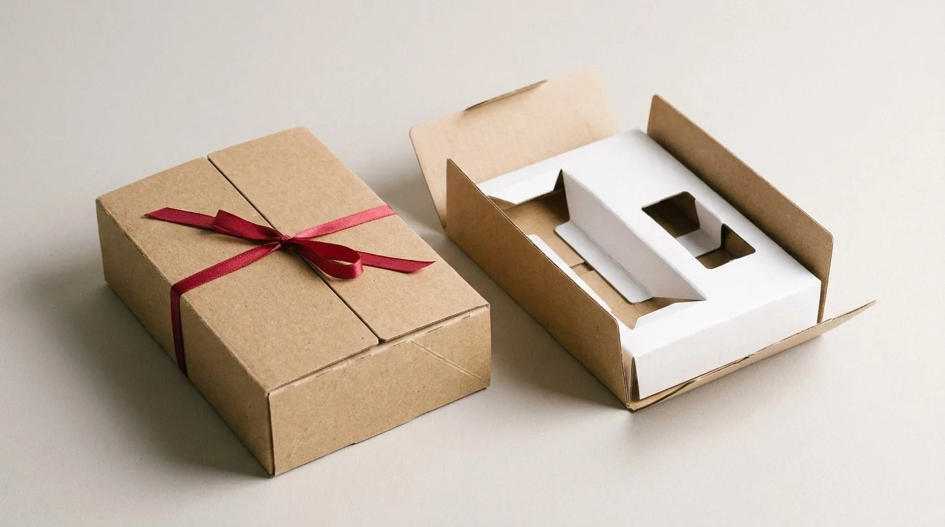 Custom Packaging Inserts, closed and open view in natural kraft and white, bulk and wholesale with no minimum order