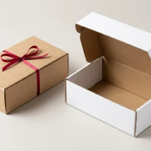 Custom Packaging Labels, closed and open view in natural kraft and white, bulk and wholesale with no minimum order