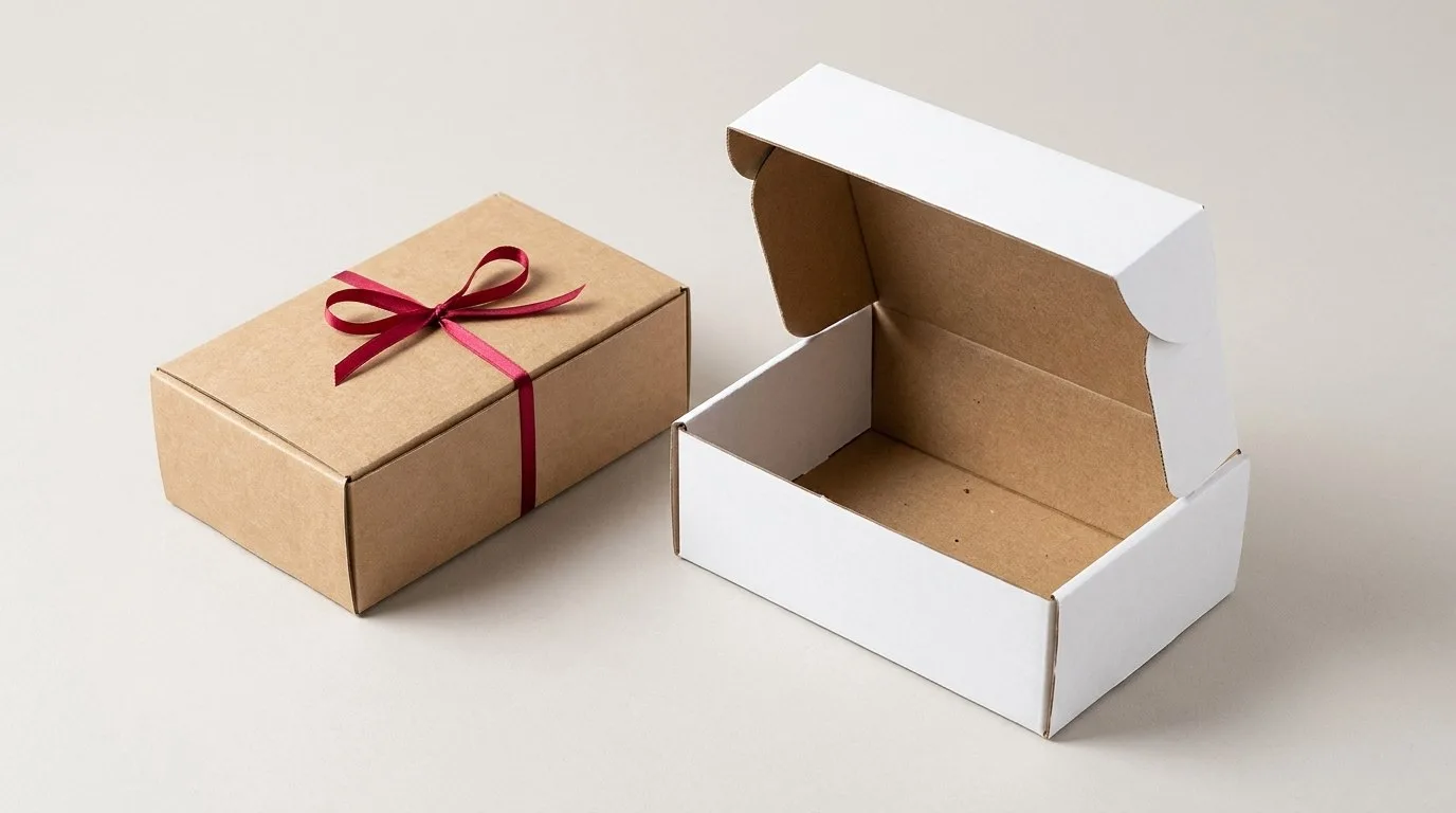 Custom Packaging Labels, closed and open view in natural kraft and white, bulk and wholesale with no minimum order