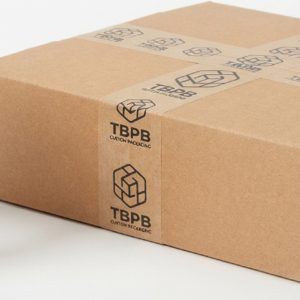 Custom printed kraft packaging tape sealing a box