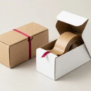 Custom Packaging Tape, closed and open view in natural kraft and white, bulk and wholesale with no minimum order