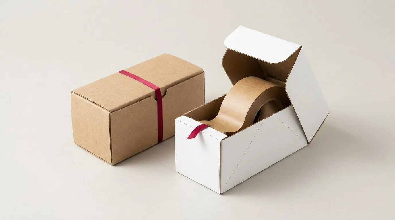 Custom Packaging Tape, closed and open view in natural kraft and white, bulk and wholesale with no minimum order