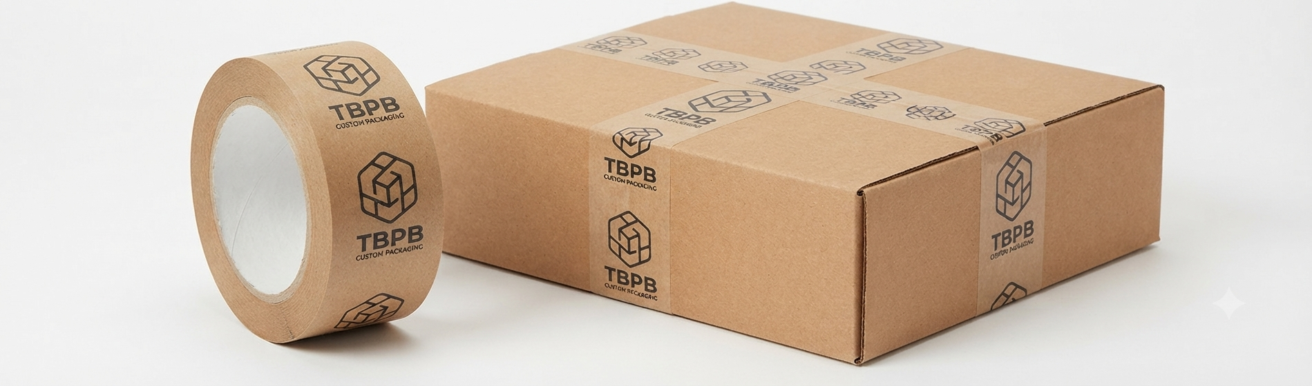 Custom printed kraft packaging tape sealing a box