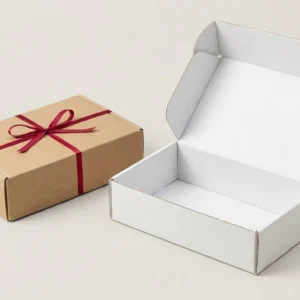 Custom Paper Boxes, closed and open view in natural kraft and white, bulk and wholesale with no minimum order