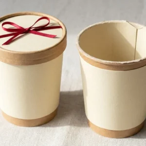 Custom Paper Coffee Cups, closed and open view in butter cream, bulk and wholesale with no minimum order