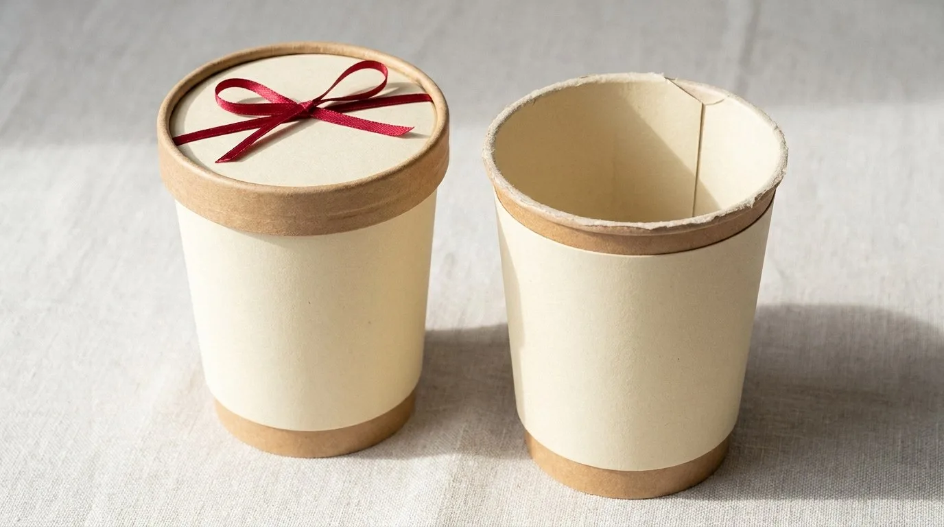 Custom Paper Coffee Cups, closed and open view in butter cream, bulk and wholesale with no minimum order