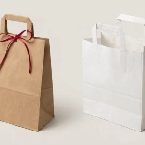 Custom Paper Grocery Bags, closed and open view in natural kraft and white, bulk and wholesale with no minimum order
