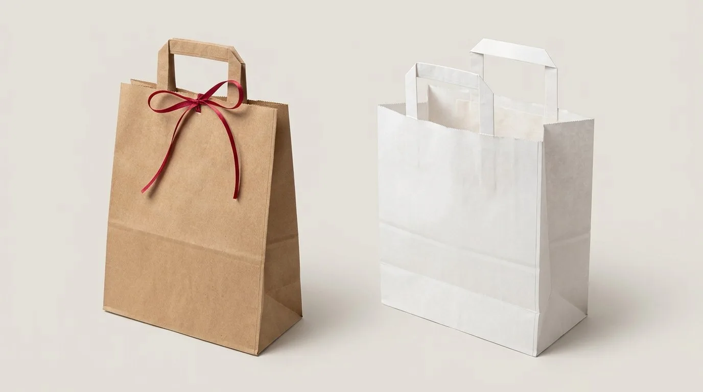 Custom Paper Grocery Bags, closed and open view in natural kraft and white, bulk and wholesale with no minimum order