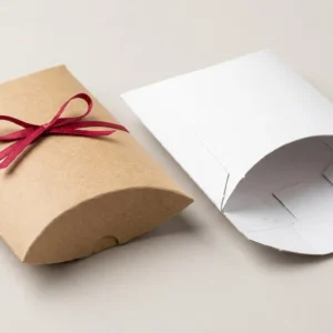 Custom Paper Pillow Boxes, closed and open view in natural kraft and white, bulk and wholesale with no minimum order
