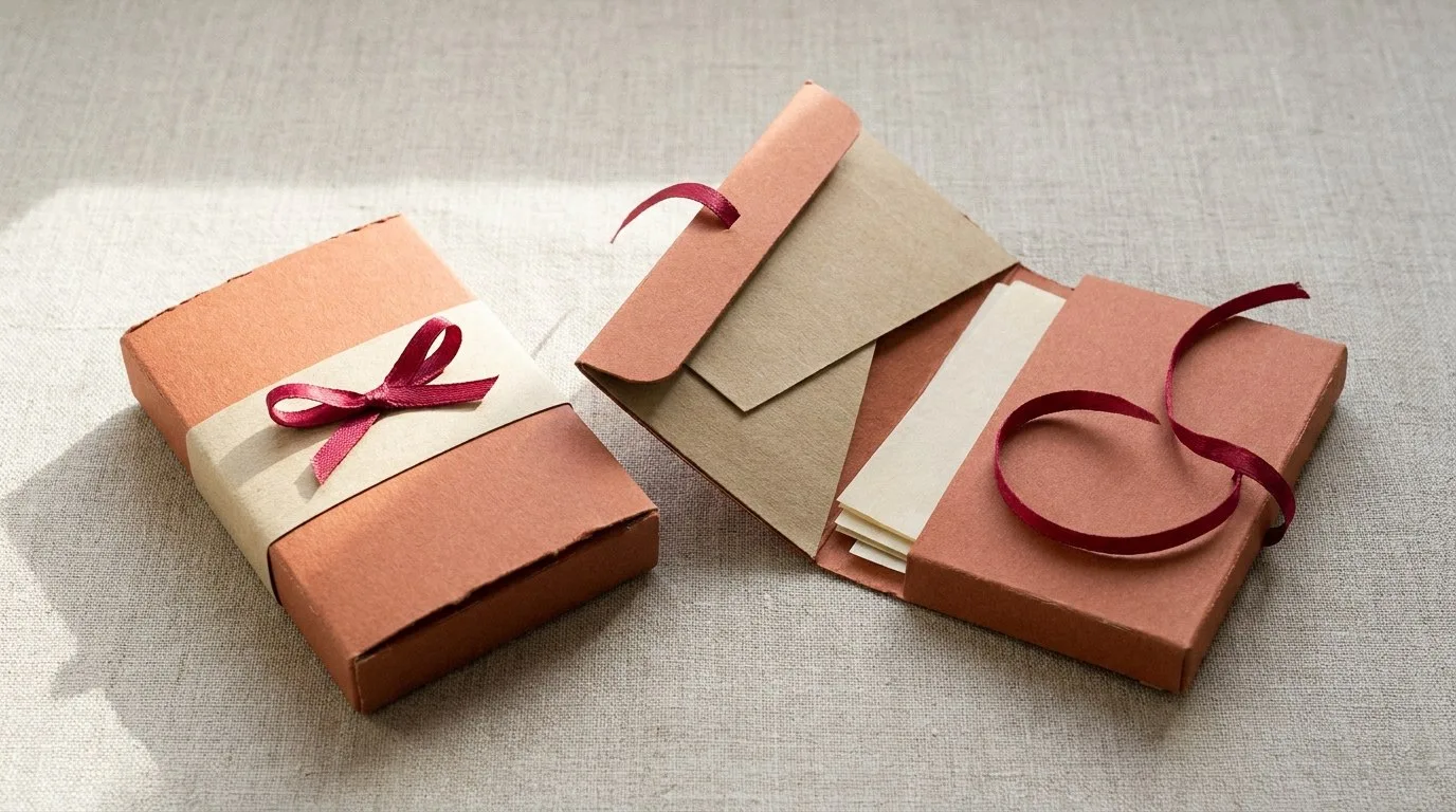 Custom Paper Soap Sleeves, closed and open view in warm terracotta, bulk and wholesale with no minimum order