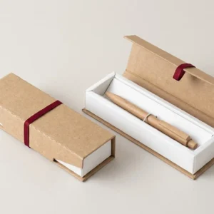 Custom Pen with Company Logo, closed and open view in natural kraft and white, bulk and wholesale with no minimum order