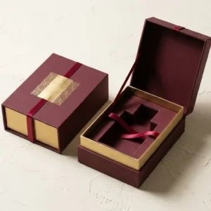 Custom Perfume Boxes, closed and open view in oxblood burgundy, bulk and wholesale with no minimum order