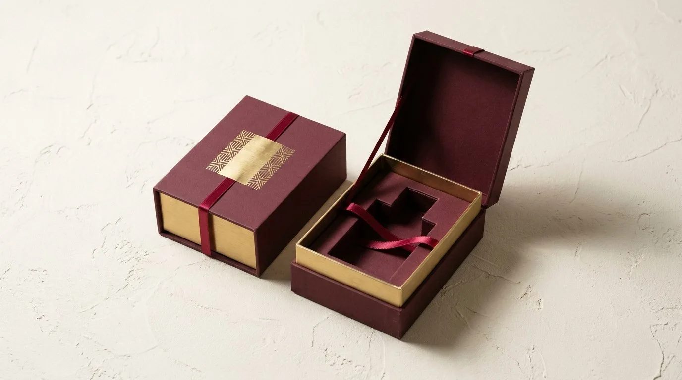 Custom Perfume Boxes, closed and open view in oxblood burgundy, bulk and wholesale with no minimum order