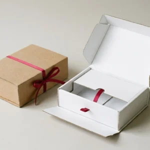 Custom Pharmaceutical Display Boxes, closed and open view in natural kraft and white, bulk and wholesale with no minimum order