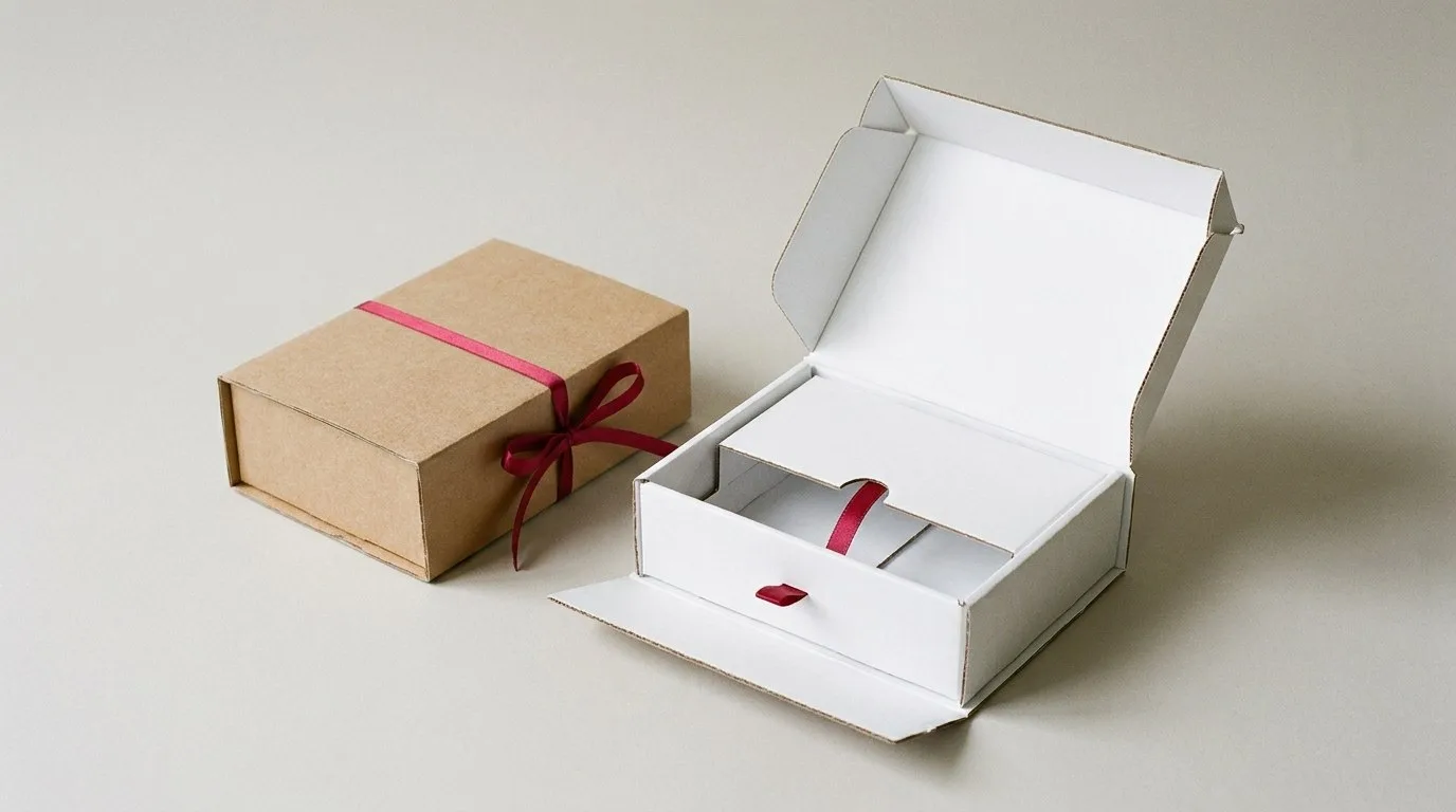Custom Pharmaceutical Display Boxes, closed and open view in natural kraft and white, bulk and wholesale with no minimum order