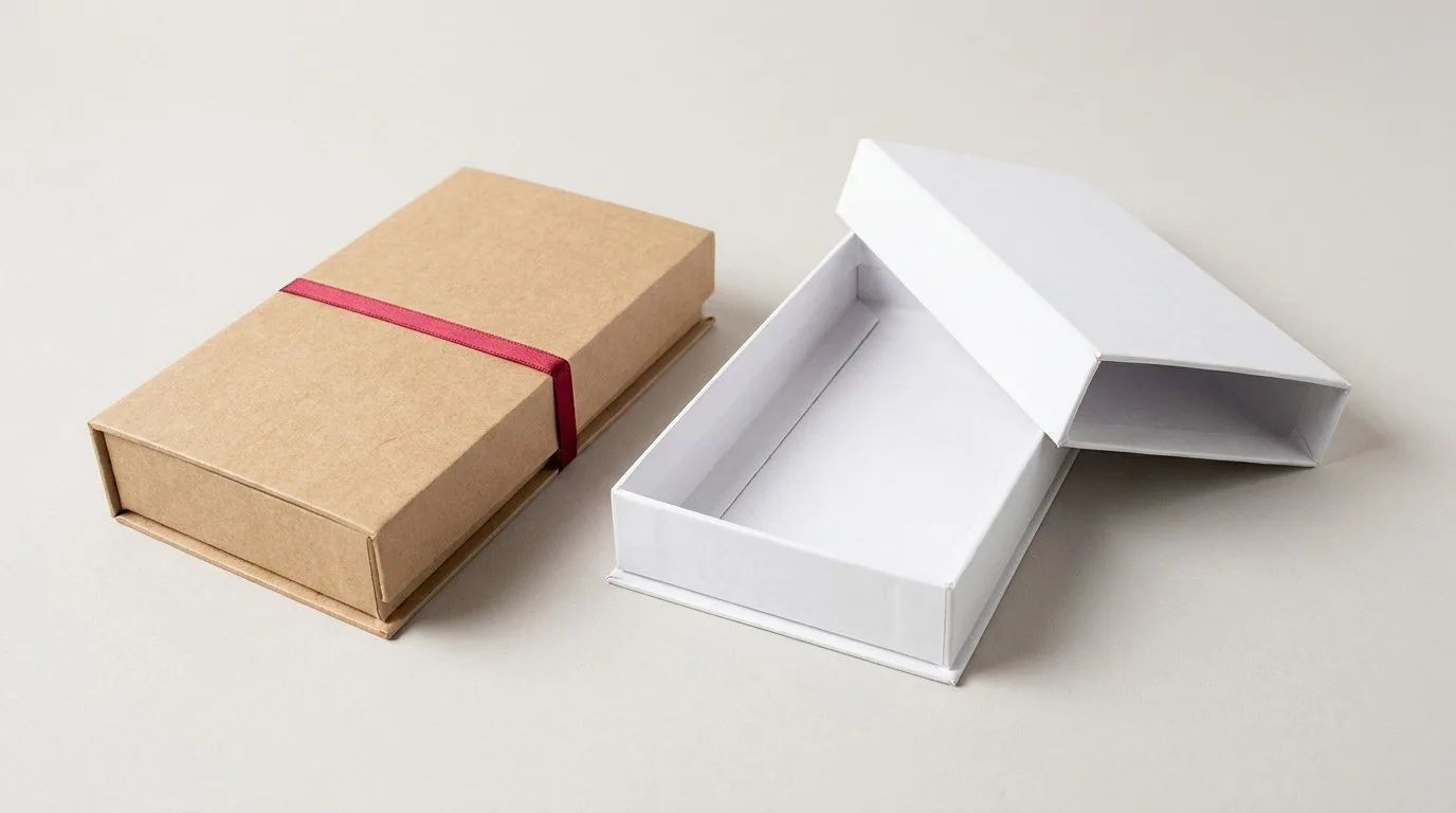 Custom Phone Case Boxes, closed and open view in natural kraft and white, bulk and wholesale with no minimum order