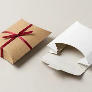 Custom Pillow Boxes, closed and open view in natural kraft and white, bulk and wholesale with no minimum order