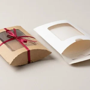 Custom Pillow Window Boxes, closed and open view in natural kraft and white, bulk and wholesale with no minimum order