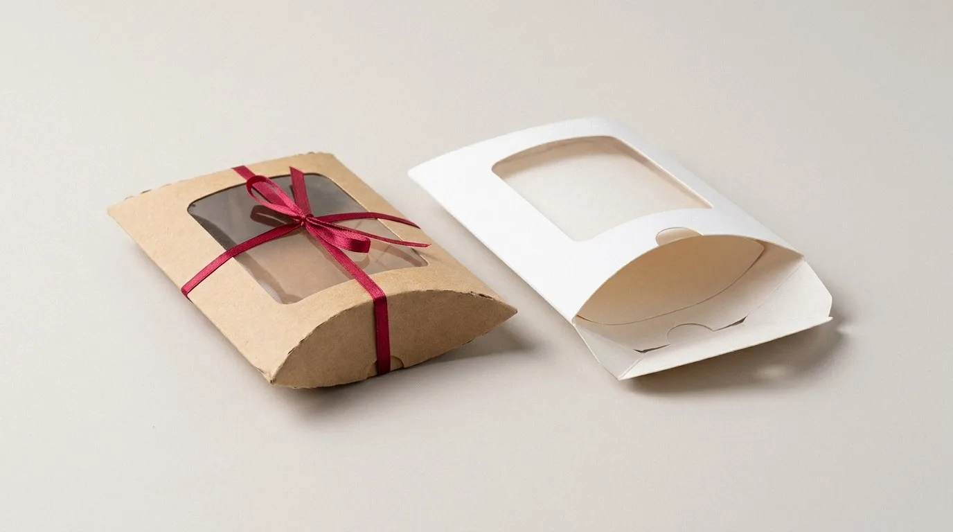 Custom Pillow Window Boxes, closed and open view in natural kraft and white, bulk and wholesale with no minimum order