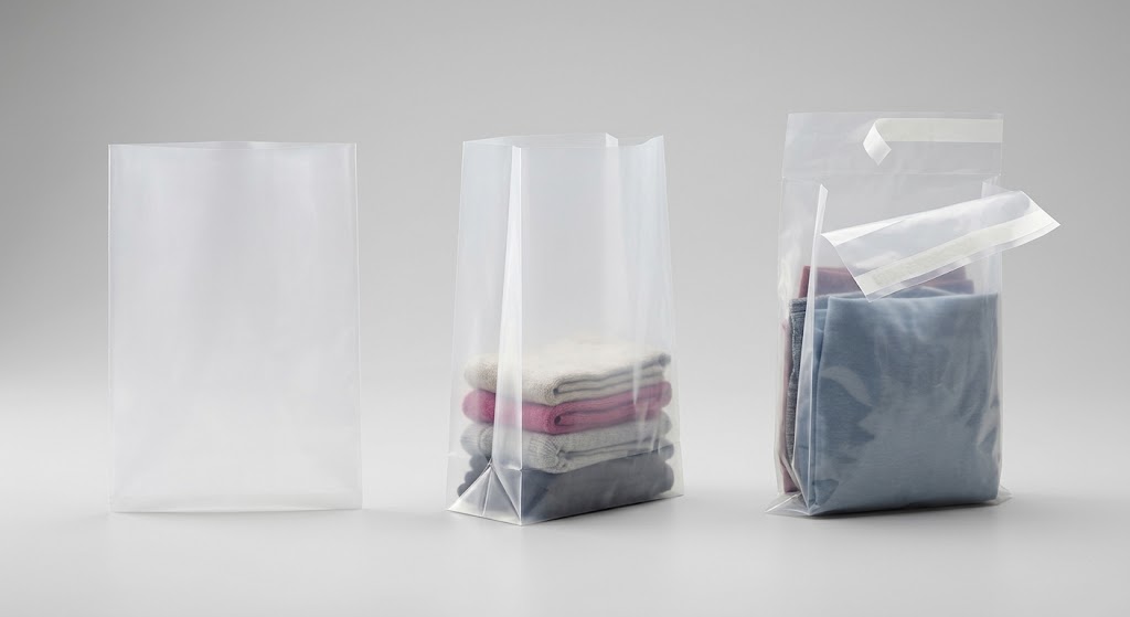 Three custom poly bags compared side by side: a flat open top bag, a gusseted bag standing upright with folded clothing inside, and a zip seal bag with a peel back adhesive flap holding folded fabric