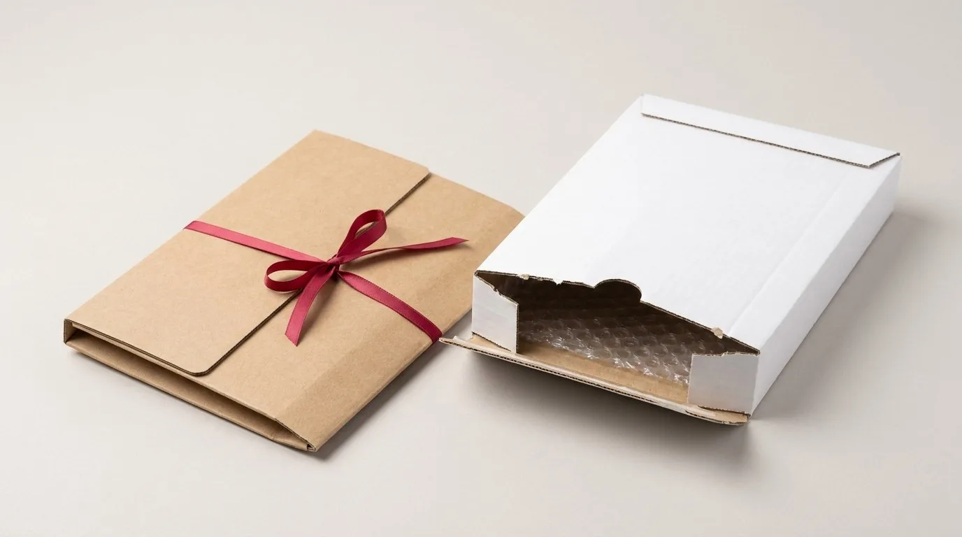 Custom Poly Bubble Mailers, closed and open view in natural kraft and white, bulk and wholesale with no minimum order