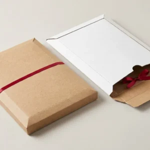 Custom Poly Mailers, closed and open view in natural kraft and white, bulk and wholesale with no minimum order