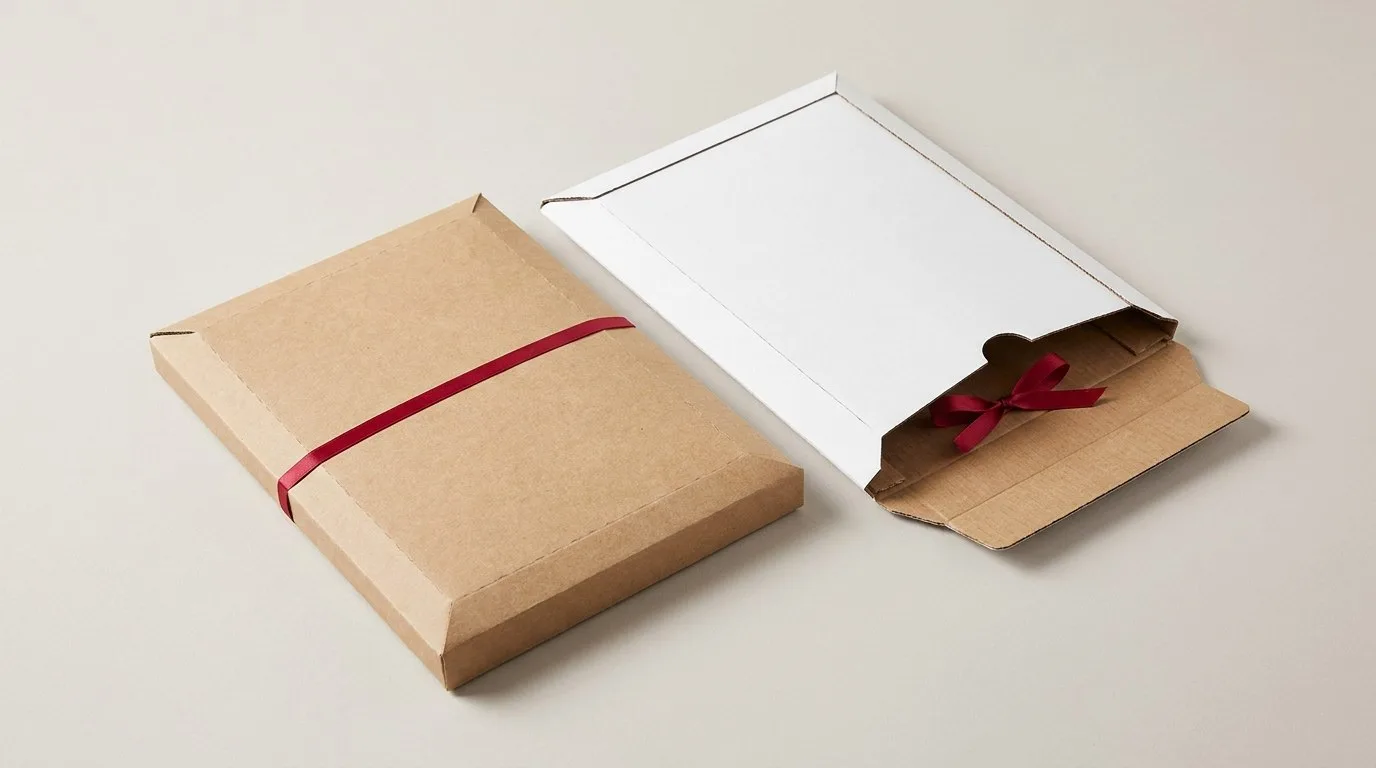 Custom Poly Mailers, closed and open view in natural kraft and white, bulk and wholesale with no minimum order