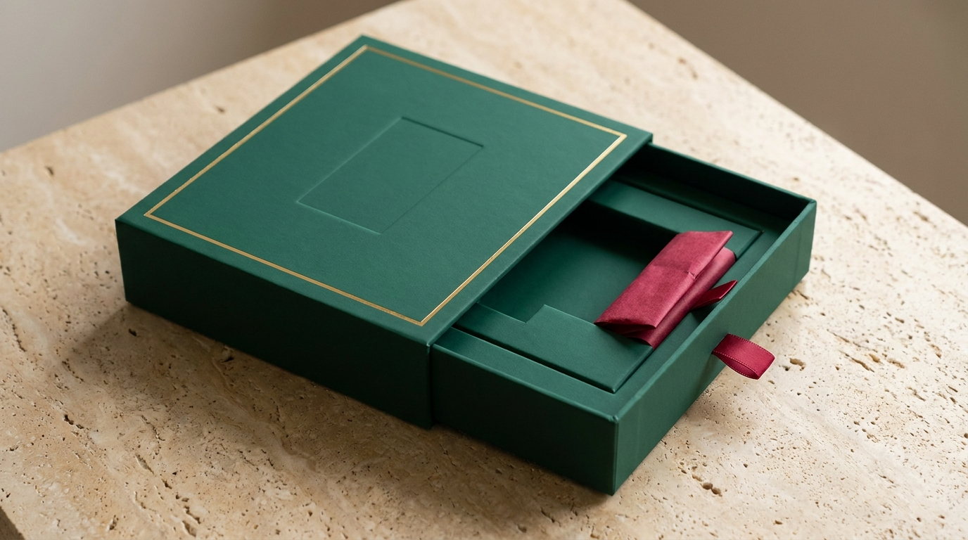 An emerald PR box open with a tiered insert and crimson tissue at one side