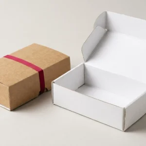 Custom PR Boxes, closed and open view in natural kraft and white, bulk and wholesale with no minimum order