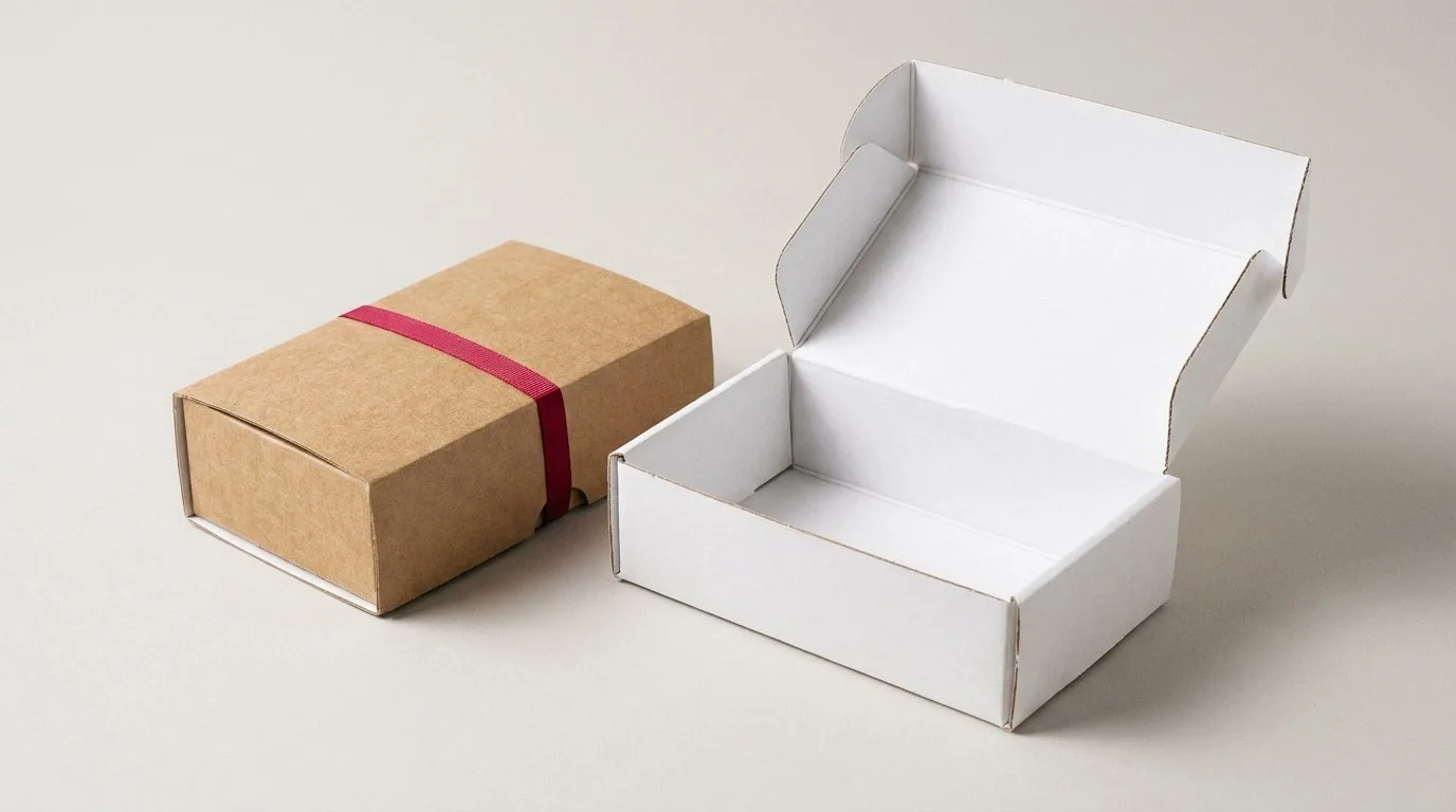 Custom PR Boxes, closed and open view in natural kraft and white, bulk and wholesale with no minimum order
