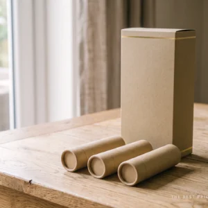 Custom pre roll packaging box in kraft with a gold foil line, standing behind three matching kraft tubes with push on caps.